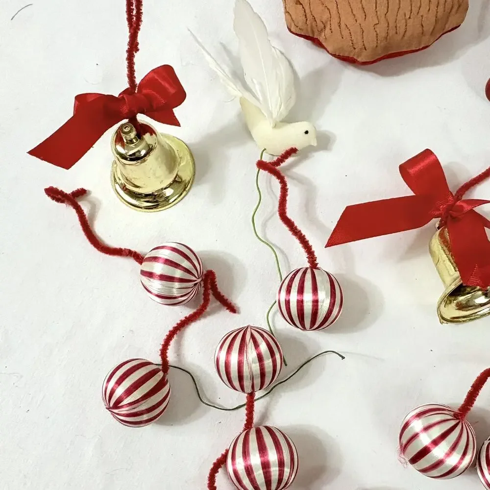 Vintage Mixed Lot Small Wooden Silk Christmas Tree Holiday Ornaments